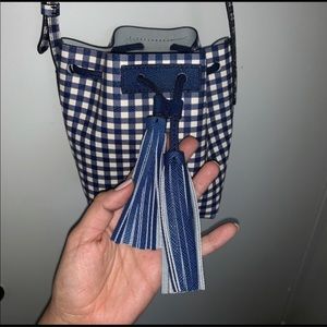 J. Crew Mini Bucket Bag in Gingham Leather Blue